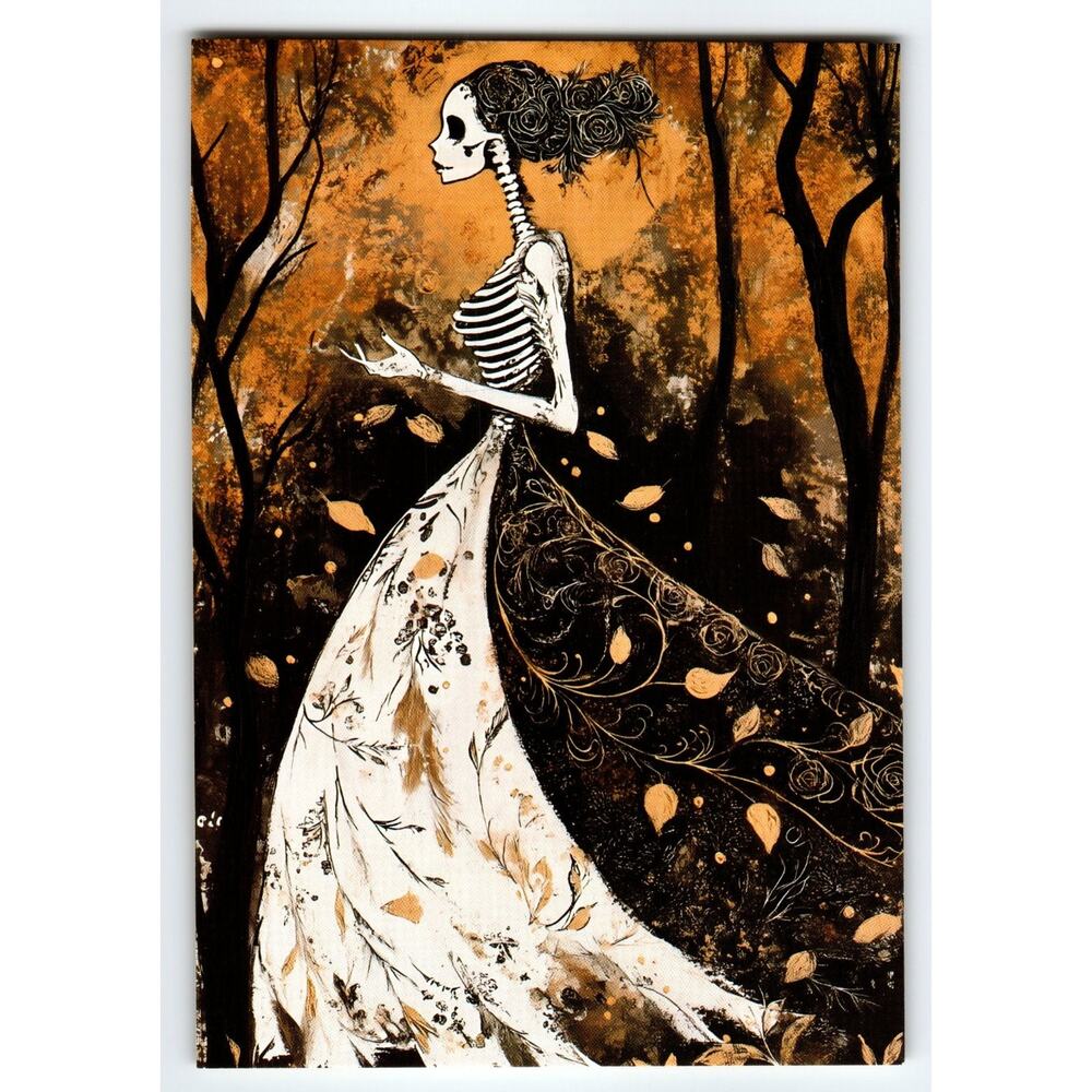 Vintage Halloween Skeleton Lady Photochrome Postcard 5.5x4 in